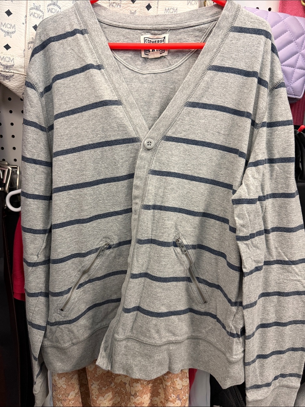 Converse Men’s Light Gray Cardigan with Navy Stripes